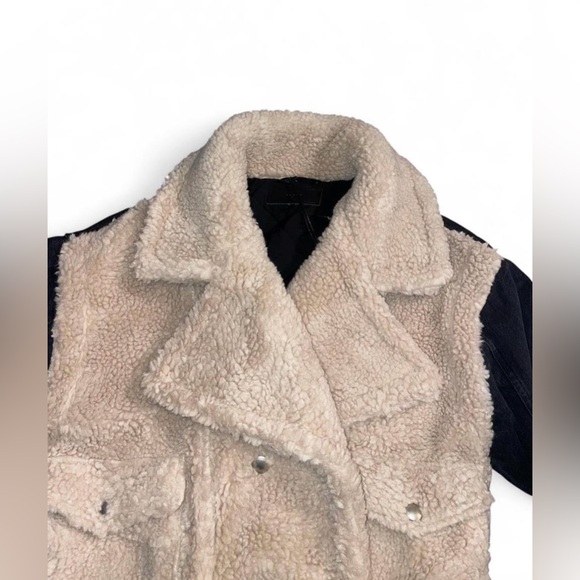 Blank NYC Ivory black faux fur jacket denim M Double breasted belted hem NWT - Picture 4 of 7